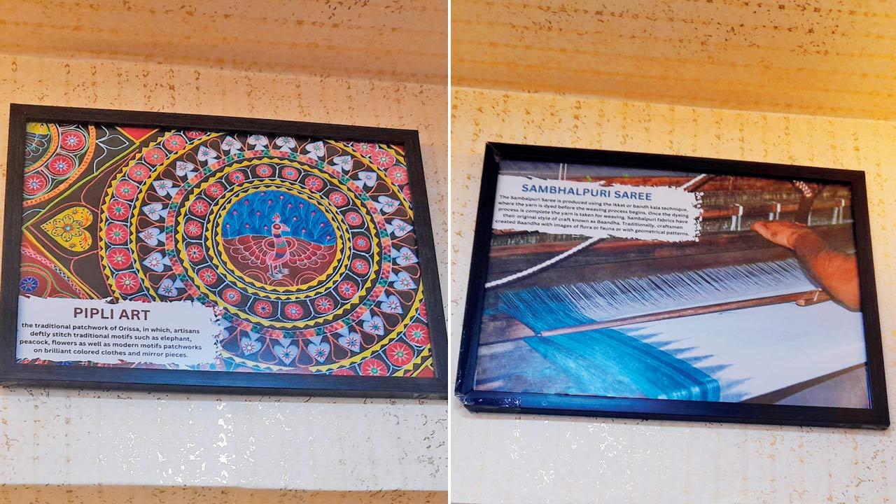 A Pipli art painting and (right) a photo of western Odisha’s famous Sambalpuri saree adorn the eatery walls