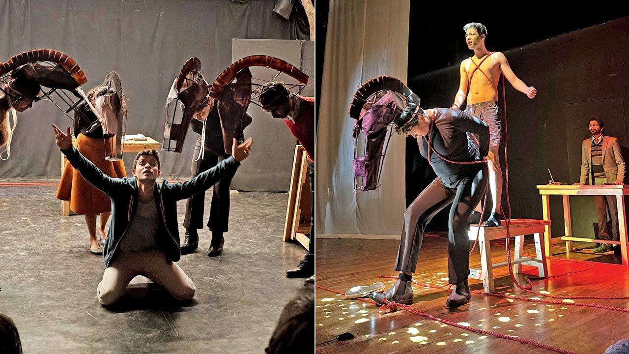 The cast in a moment from the stage rehearsal; (right) Arjun Kachroo portrays Paul Strang