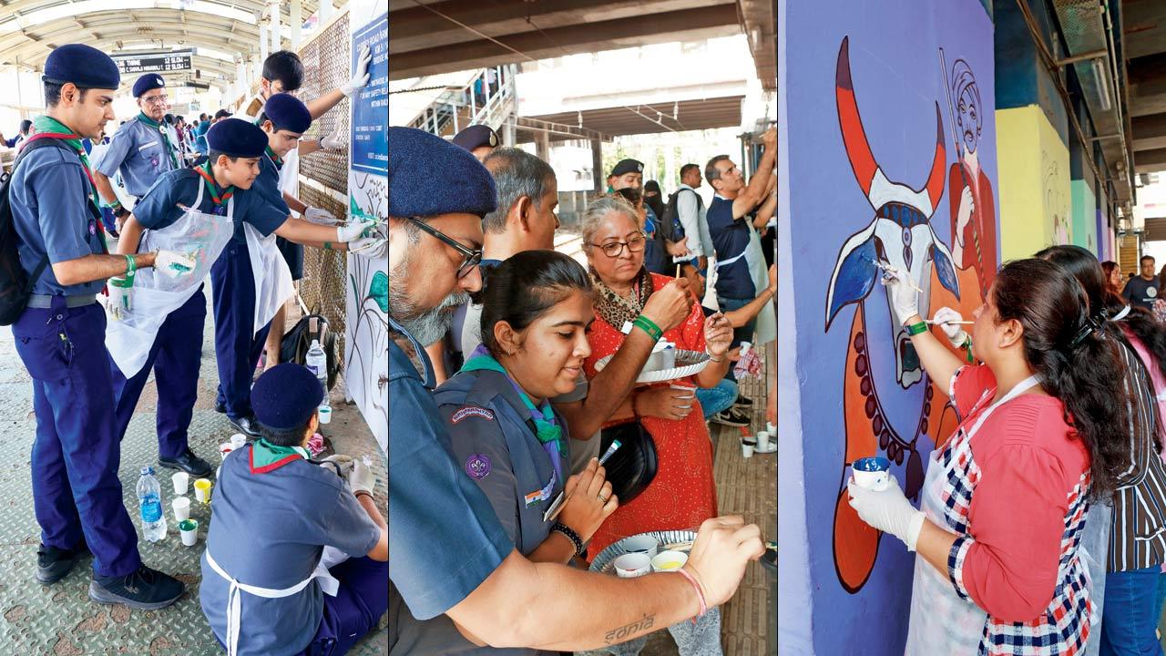 Students helping the community group beautify the stations (right) Ismaili CIVIC volunteers beautifying three of Mumbai’s railway stations 