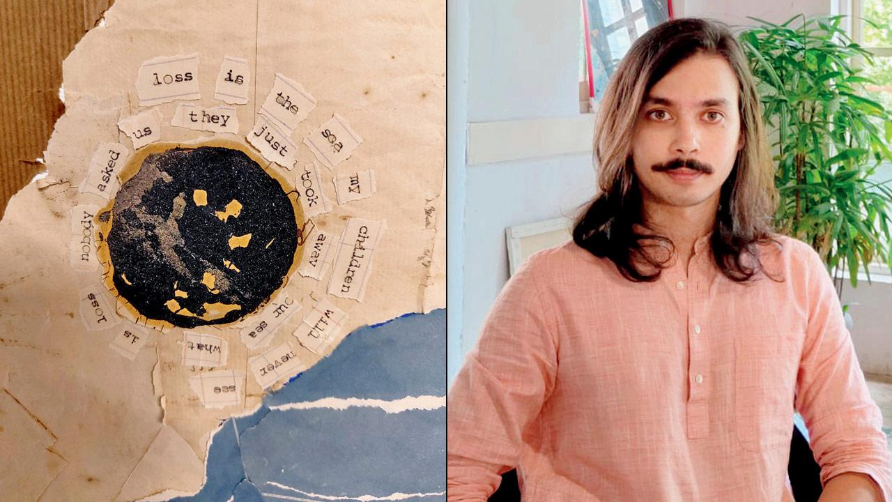 Sea Lost, a collage made using 100-year -old paper; (right) Gary Curzai