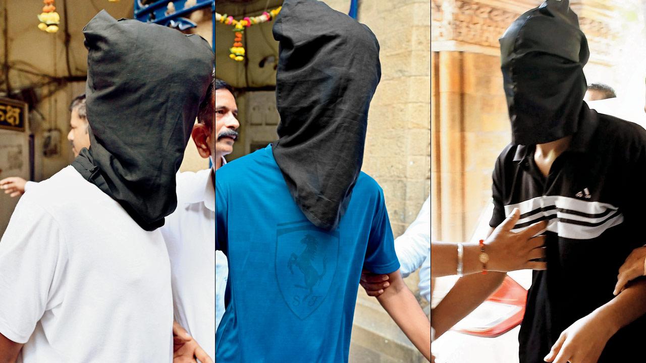 Rupesh Rajendra Mohol, Karan Rahul Salve, and Shivam Arvind Kohad were produced in the Esplanade court (Killa Court) in Mumbai on Thursday. PICs/SHADAB KHAN ; (right) Another accused was produced in Esplanade court (Killa Court) in Mumbai on Sunday