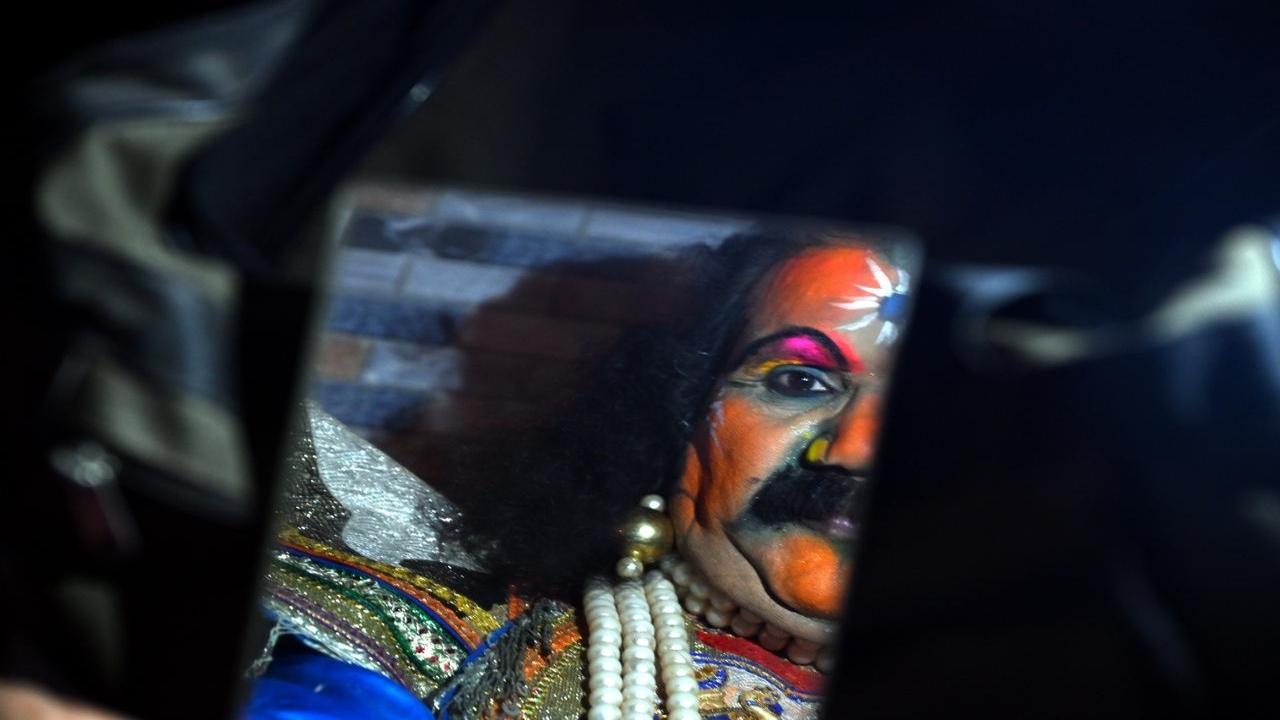 Prakash getting into his character of Indrasen before the play