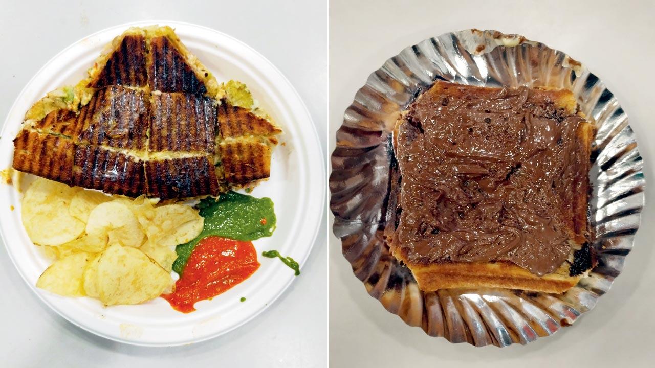 Smoky charcoal cheese grill; (right) Chocolate toast sandwich