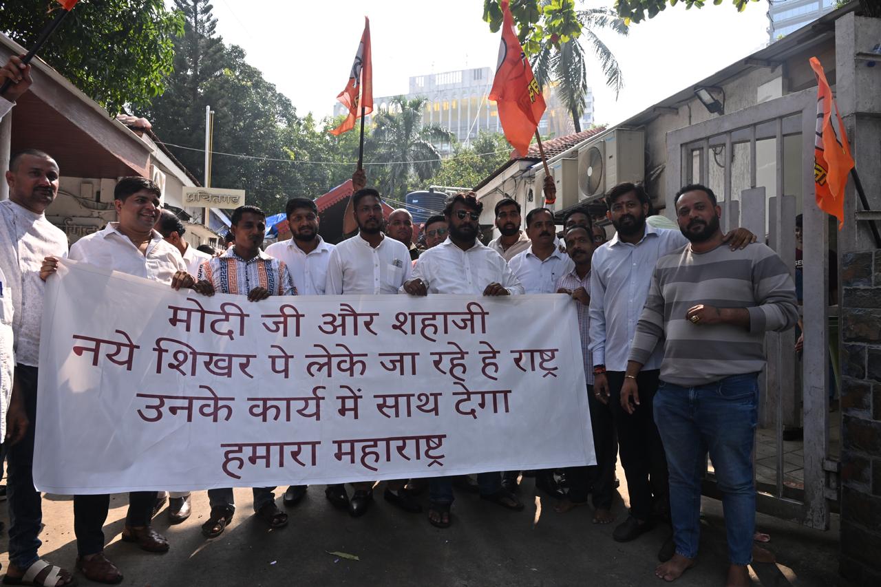 Shinde Sena workers were seen celebrating outside the party office in Nariman Point