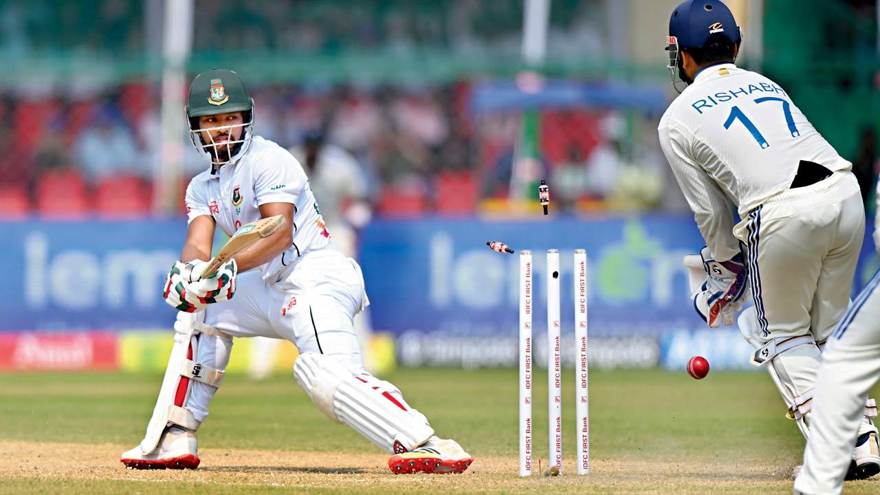 Bangladesh captain Najmul Hossain Shanto is clean bowled by Ravindra Jadeja yesterday. PicGetty Images