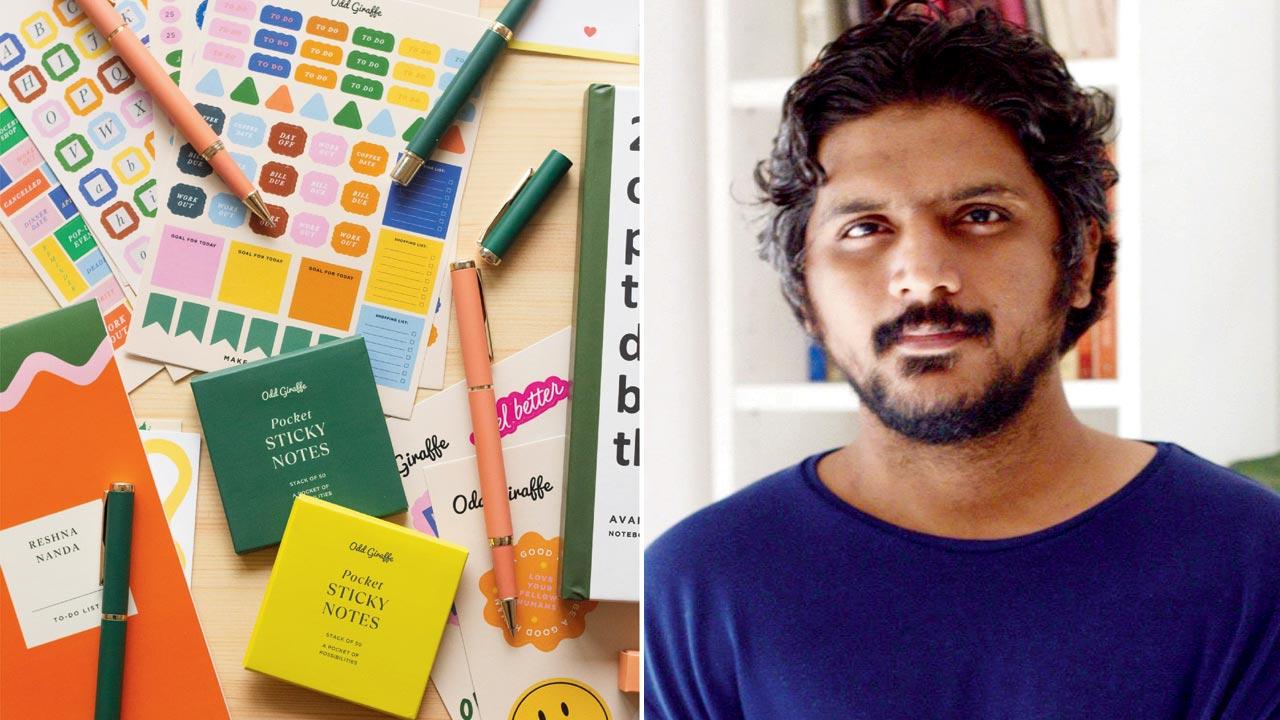 Odd Giraffe’s journalling sticker collection; (right) Karan Joshi, co-founder and chief creative officer of Odd Giraffe
