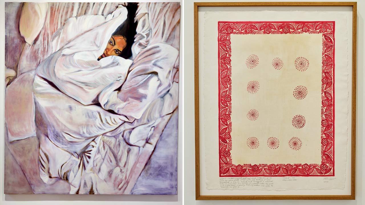 Bhasha Chakrabarti’s first solo exhibition, Karvat, at Experimenter Colaba (on view until December 20) features Soft Firmament (Dawn), an oil on linen painting created during her residency at the Hampi Art Labs, an initiative of the JSW Foundation. Pics Courtesy/The Artist and Experimenter; (right) The Quilts That Changed My Life, a collection of 4 watercolour monotypes on paper, begins with the Kantha gifted to Bhasha Chakrabarti as a baby and swaddled in as a child