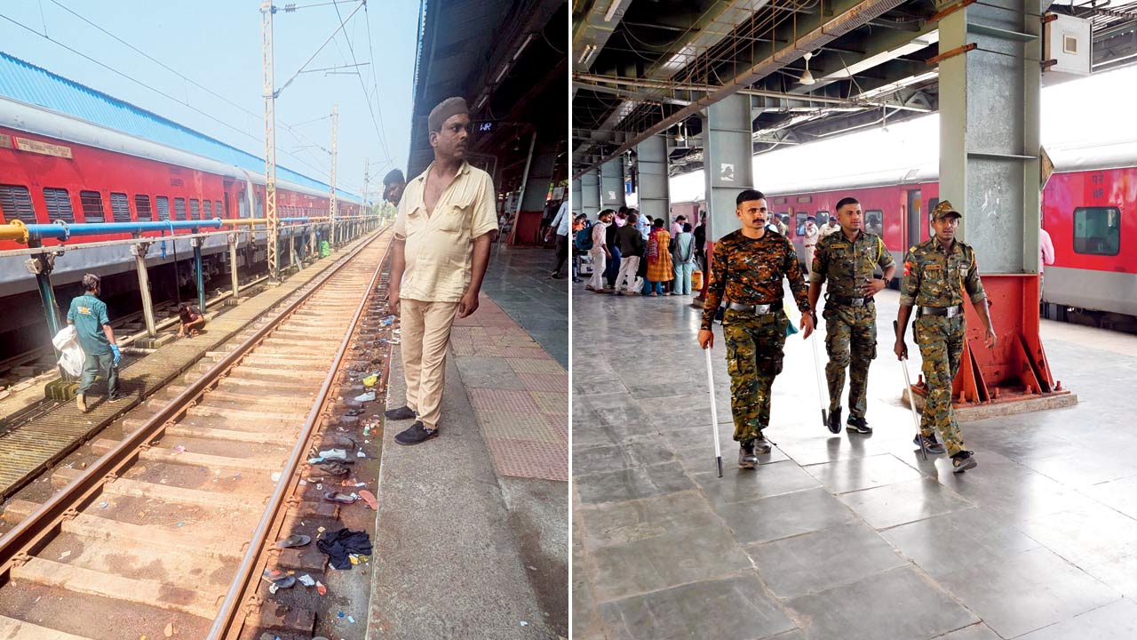 Abandoned footwear belonging to those who had tried to board the train while it was being berthed on platform 1. Pic/Rajendra B. Aklekar; (right) Riot police patrol the terminus on Sunday in the wake of the mishap. Pic/Anurag Ahire