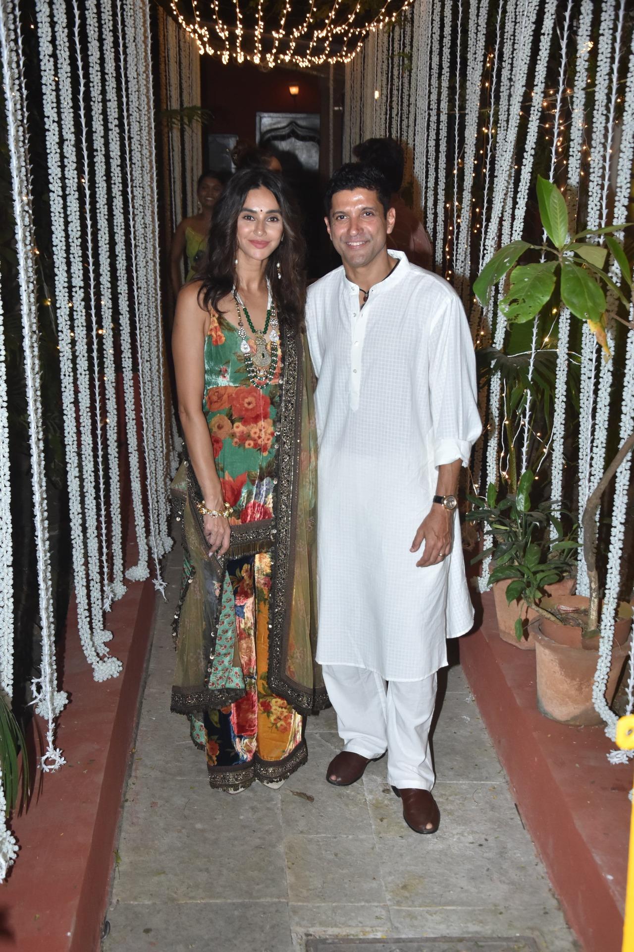 Farhan Akhtar was seen sporting a clean shave look and opted for a white kurta for the occasion. Shibani, on the other hand, brought colours to the party with her beautiful outfit