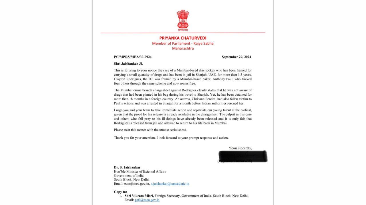 The letter penned by Sena (UBT) MP Priyanka Chaturvedi to EAM S Jaishankar