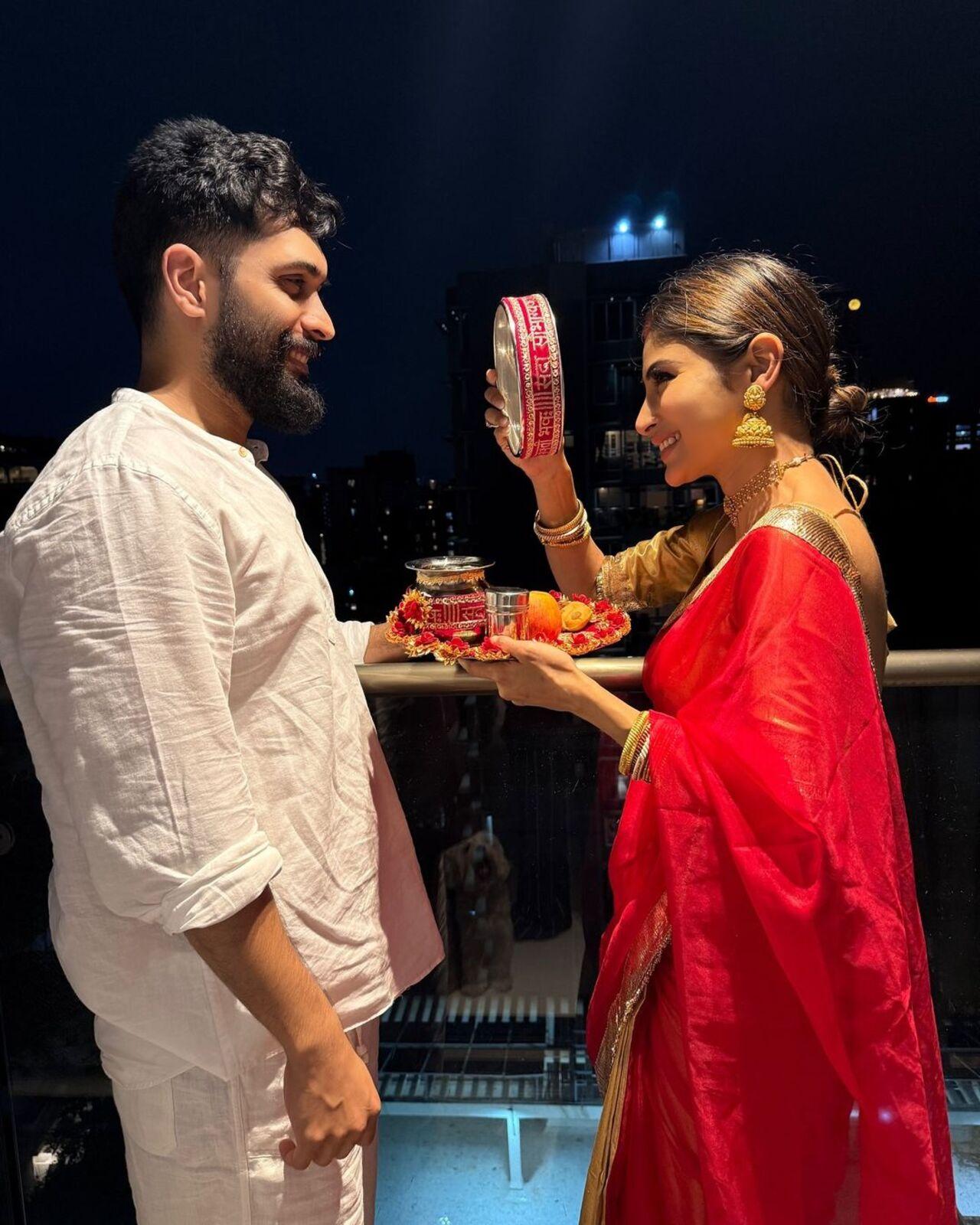 Mouni Roy took to social media to celebrate Karwa Chauth with her husband Suraj Nambiar