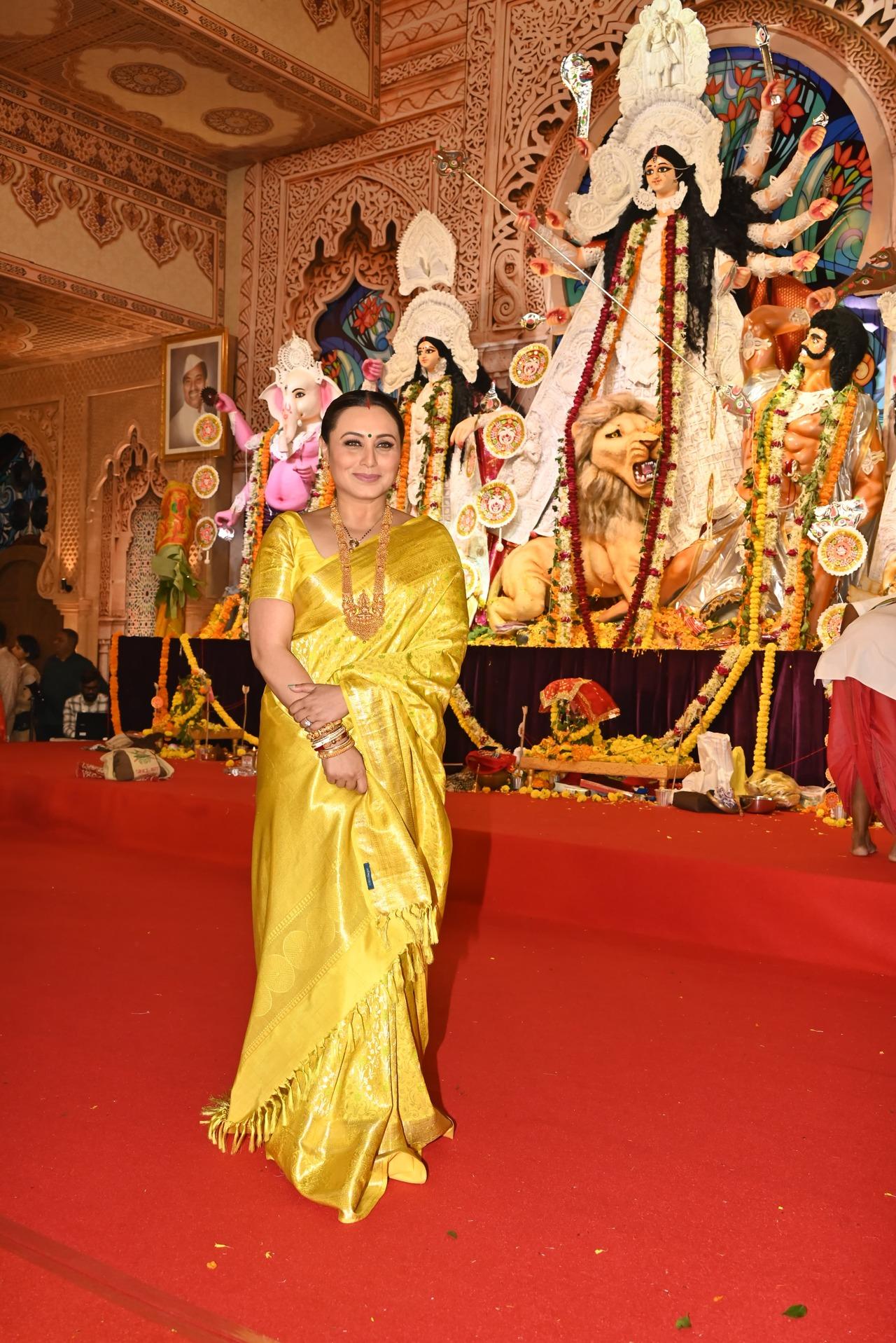 Rani Mukerji looked stunning in a yellow saree on the occasion of Mahasaptami.