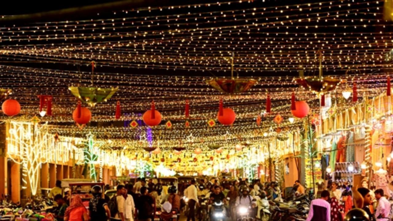 A market area decorated ahead of the Diwali in Jaipur