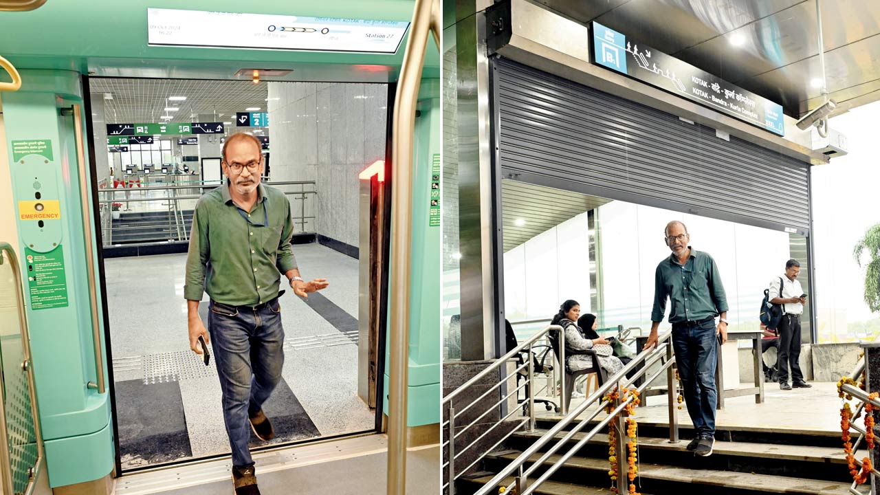 4.21PM: The journey back to BKC station began after a train arrived at 4.21 pm; (right) 4.54 PM: The Metro station at Bandra Kurla Complex, where the train arrived at 4.54 pm