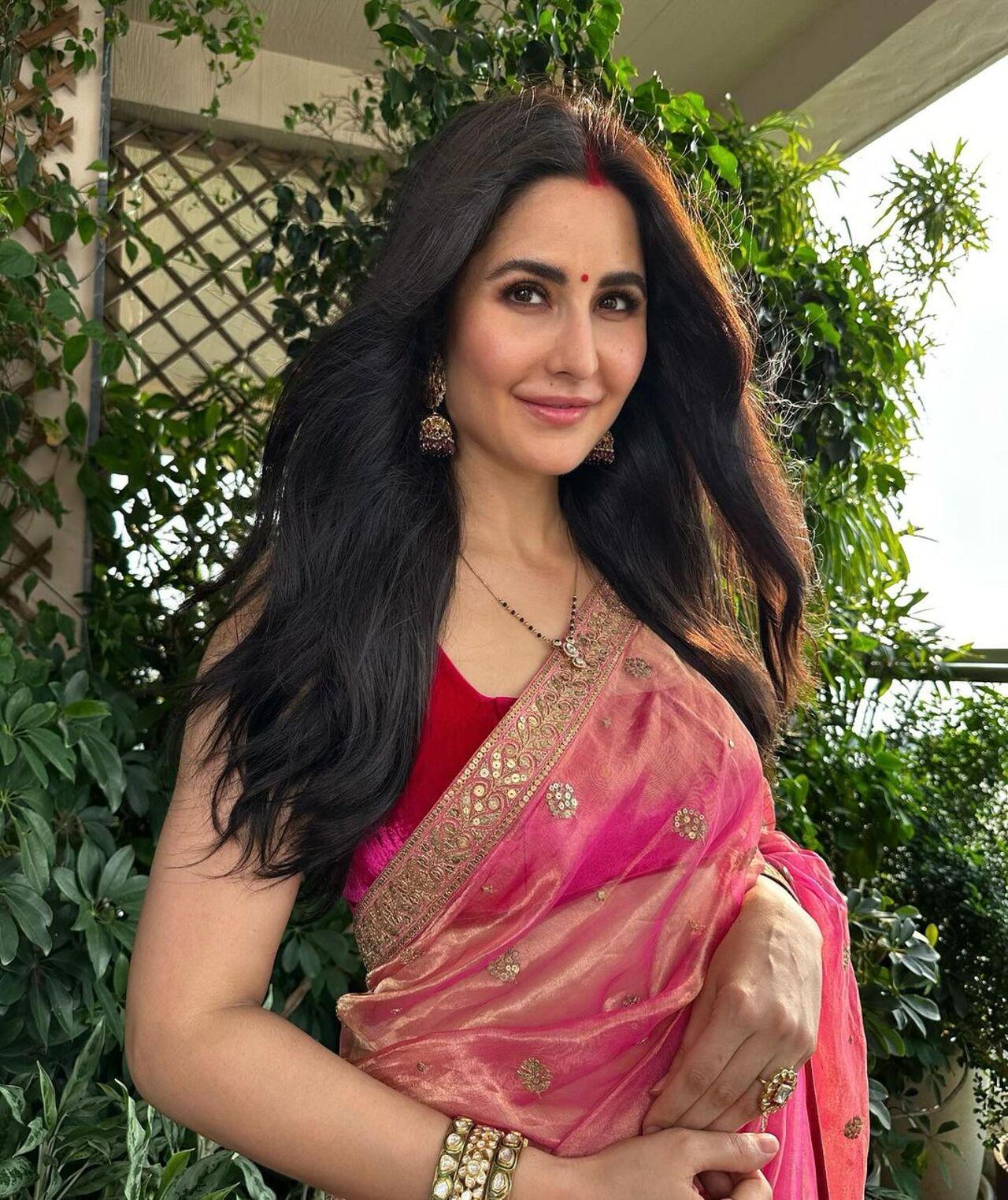 Katrina looked stunning in this pink and red saree for Karwa Chauth