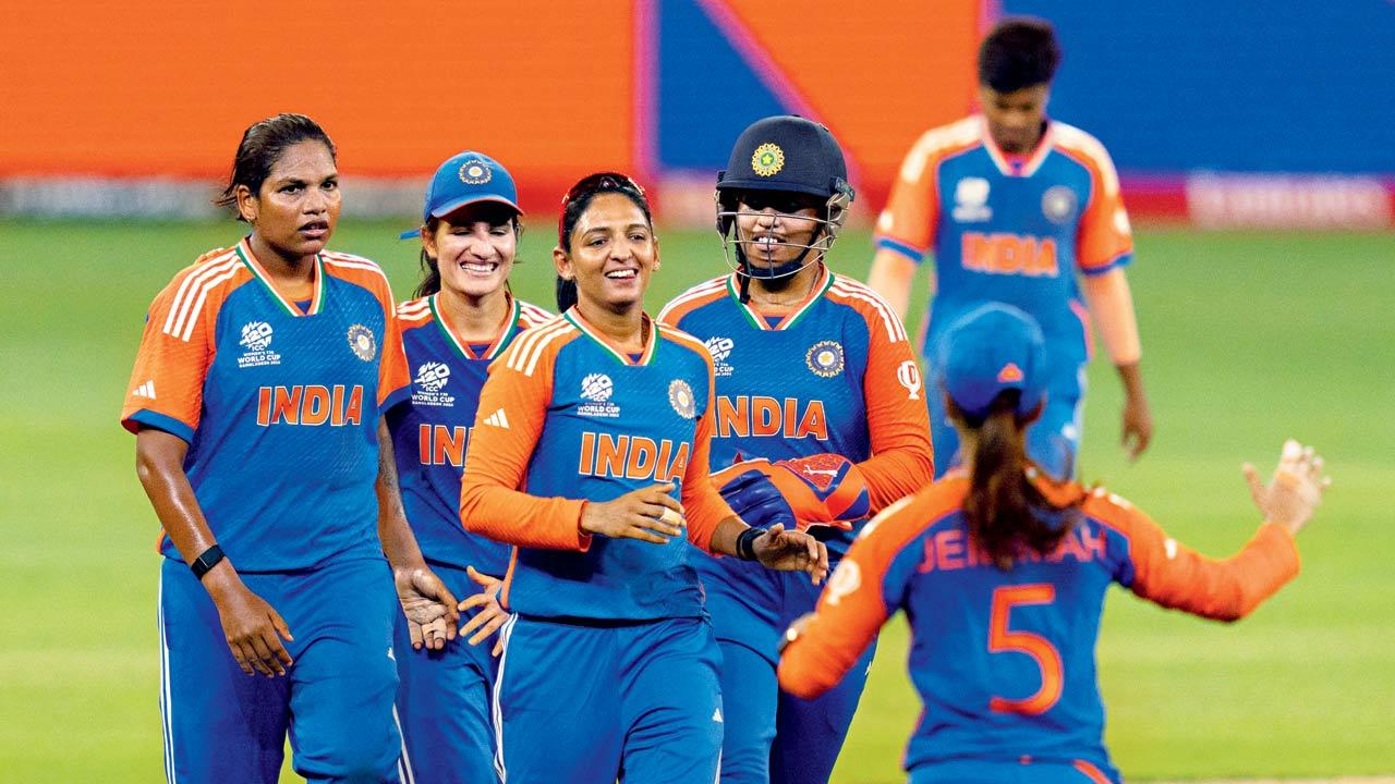 India players celebrate the wicket of NZ’s Georgia Plimmer during their Women’s T20 World Cup match at Dubai last week. PIC/AP; PTI