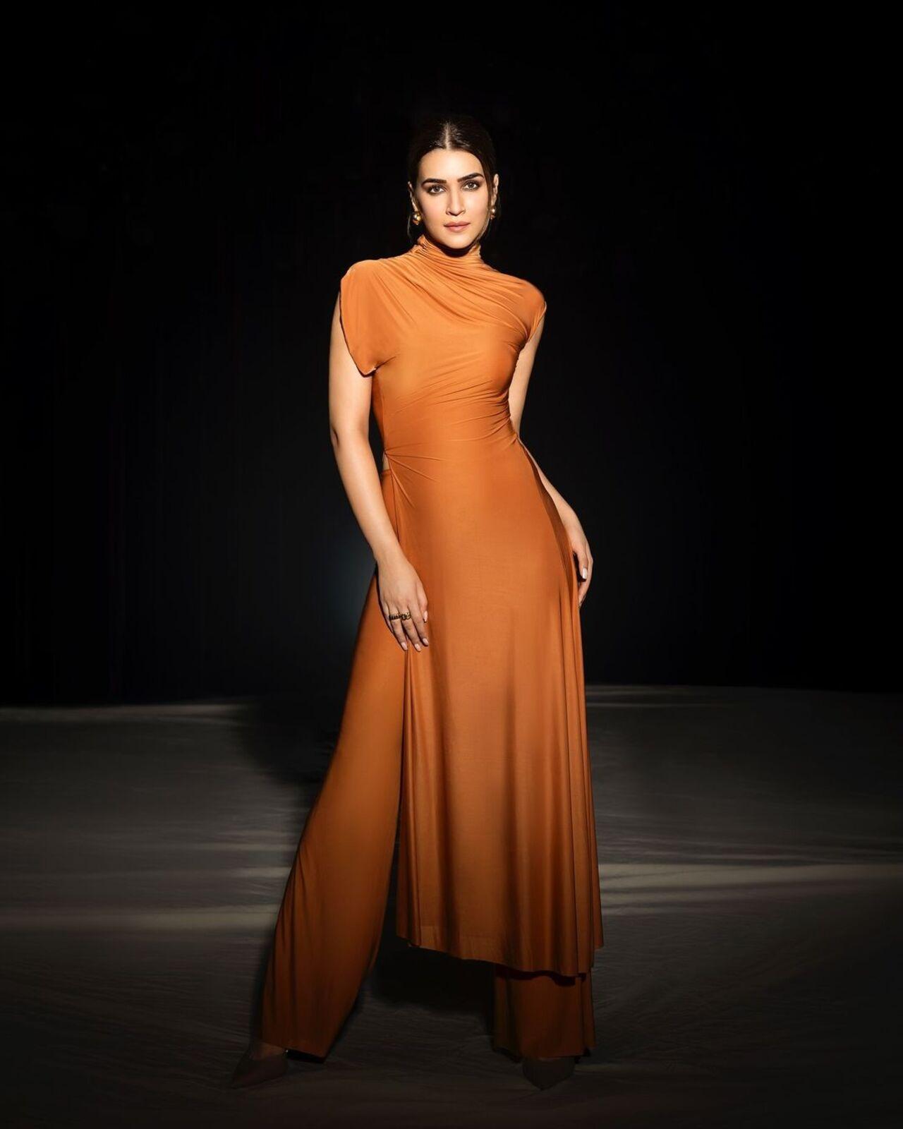 She returned to Mumbai and kickstarted promotions for 'Do Patti' wearing a sunset hue Deme outfit by Gabriella Demetriades.
