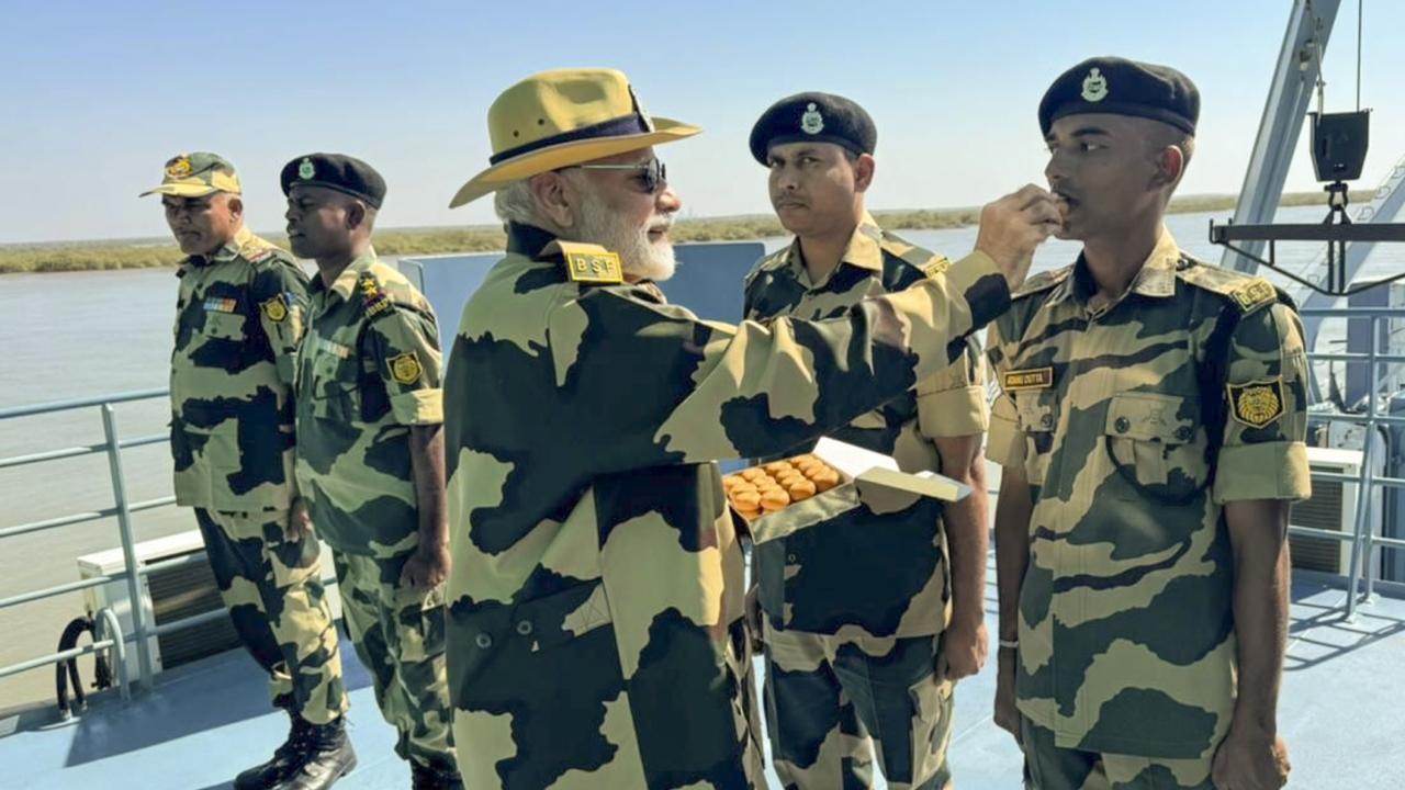 PM Modi during the Diwali celebration with Jawans, in Gujarat's Kutch. Pics/PTI