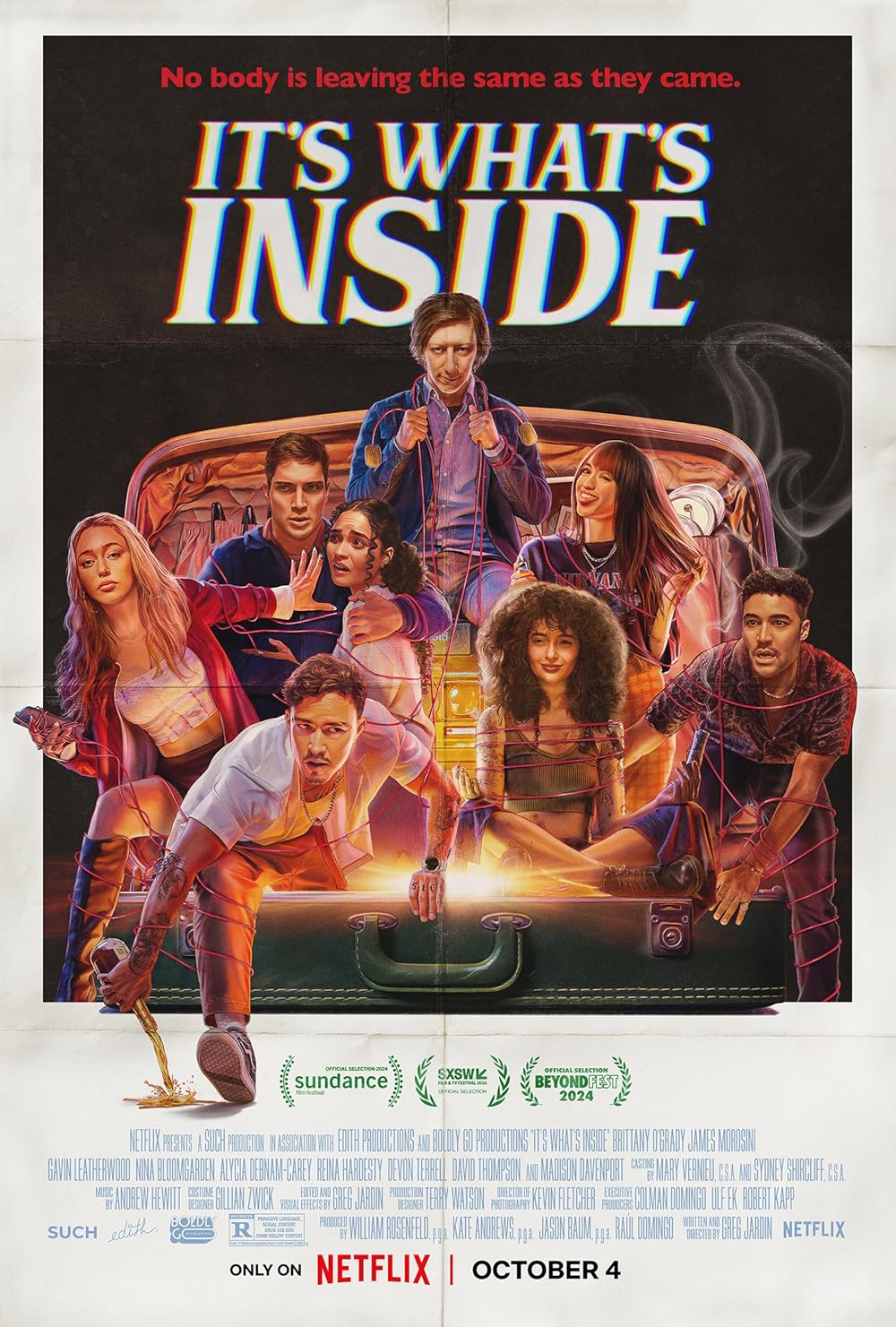 It’s What’s Inside (October 4, Netflix)This thriller mixes dark humor and psychological tension. A group of college friends reunites for a pre-wedding celebration, but an unexpected guest with a mysterious suitcase disrupts their night. Long-buried secrets and unresolved tensions surface, leading to a gripping descent into horror. The cast includes Brittany O’Grady, James Morosini, and Alycia Debnam-Carey.