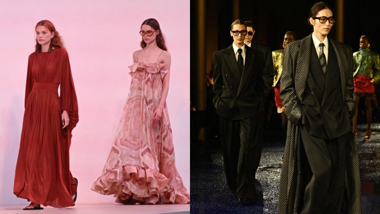 (L) Models showcasing Zimmermann collection; (R) Models showcasing Saint Laurent collection at Paris Fashion Week (Pic: AFP)