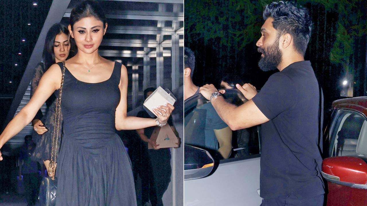 Mouni Roy and husband Suraj Nambiar colour coordinate their outfits as they head out for a late dinner