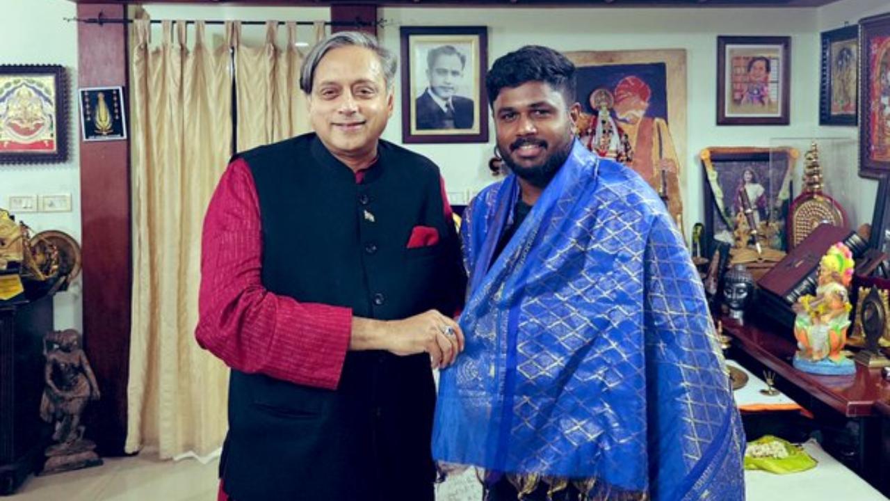 Shashi Tharoor felicitates Sanju Samson on his return to Thiruvananthapuram