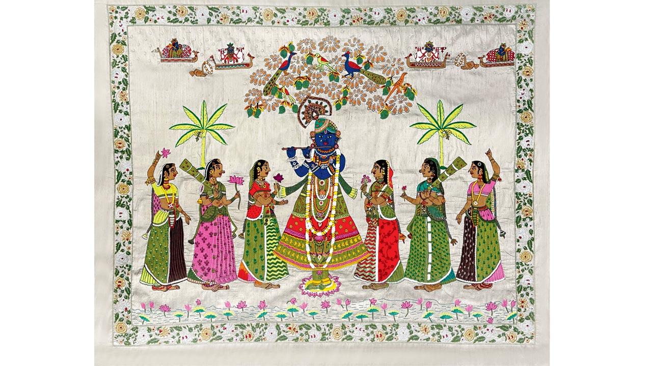 This Shrinathji wall panel (58 x 47 inches), crafted from hand-embroidered beadwork on raw silk, took 65 days to create in Lucknow, Uttar Pradesh