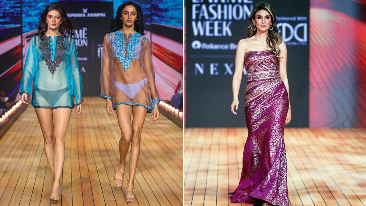 Models dressed in Monisha Jaising’s signature sheer, embroidered kurtis; (right) Riddhima Kapoor Sahni, from Fabulous Lives of Bollywood, walked the runway for Monisha Jaising