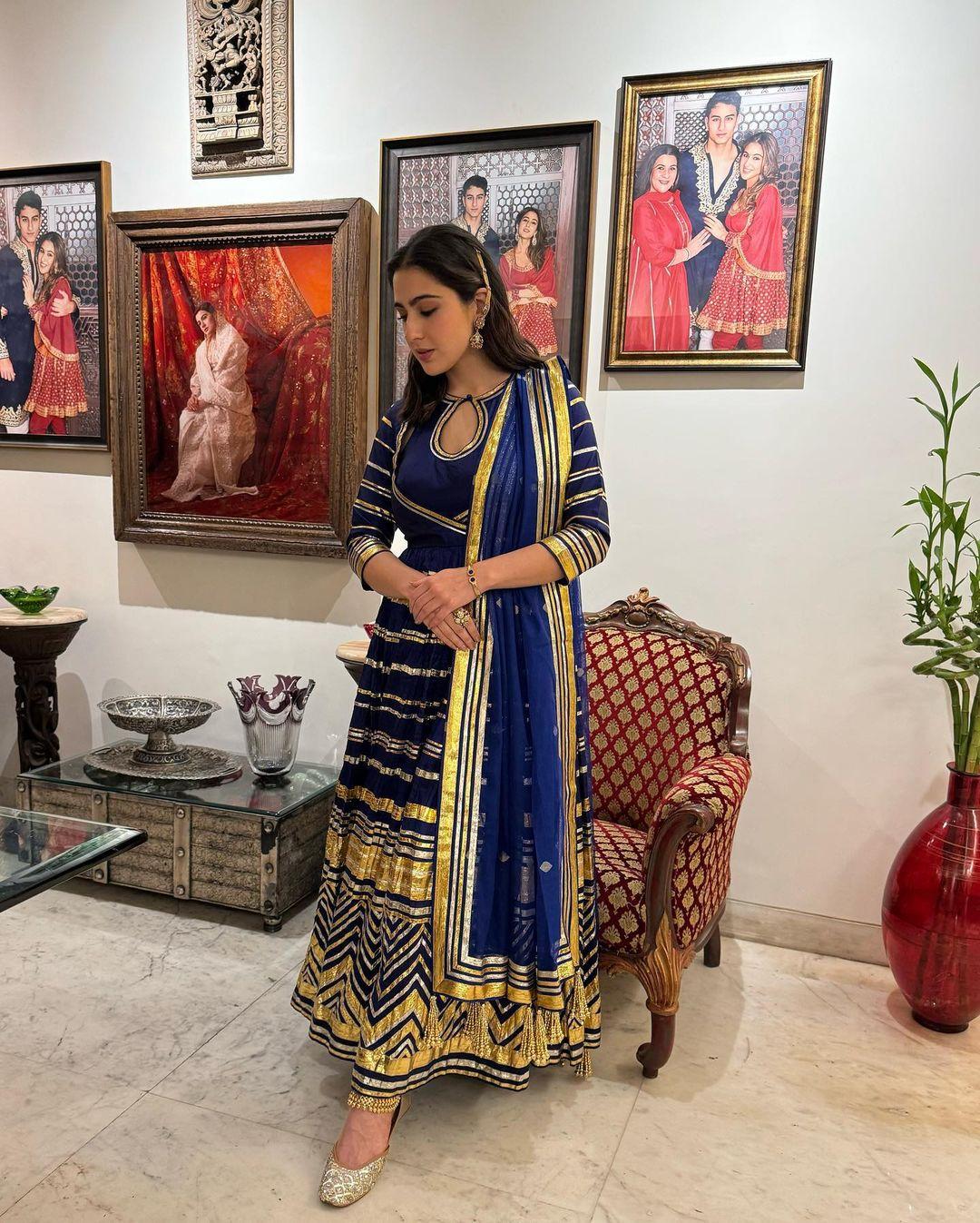 Worried about managing a saree? No problem! We’ve got you covered with a beautiful blue suit straight from Sara Ali Khan’s wardrobe.