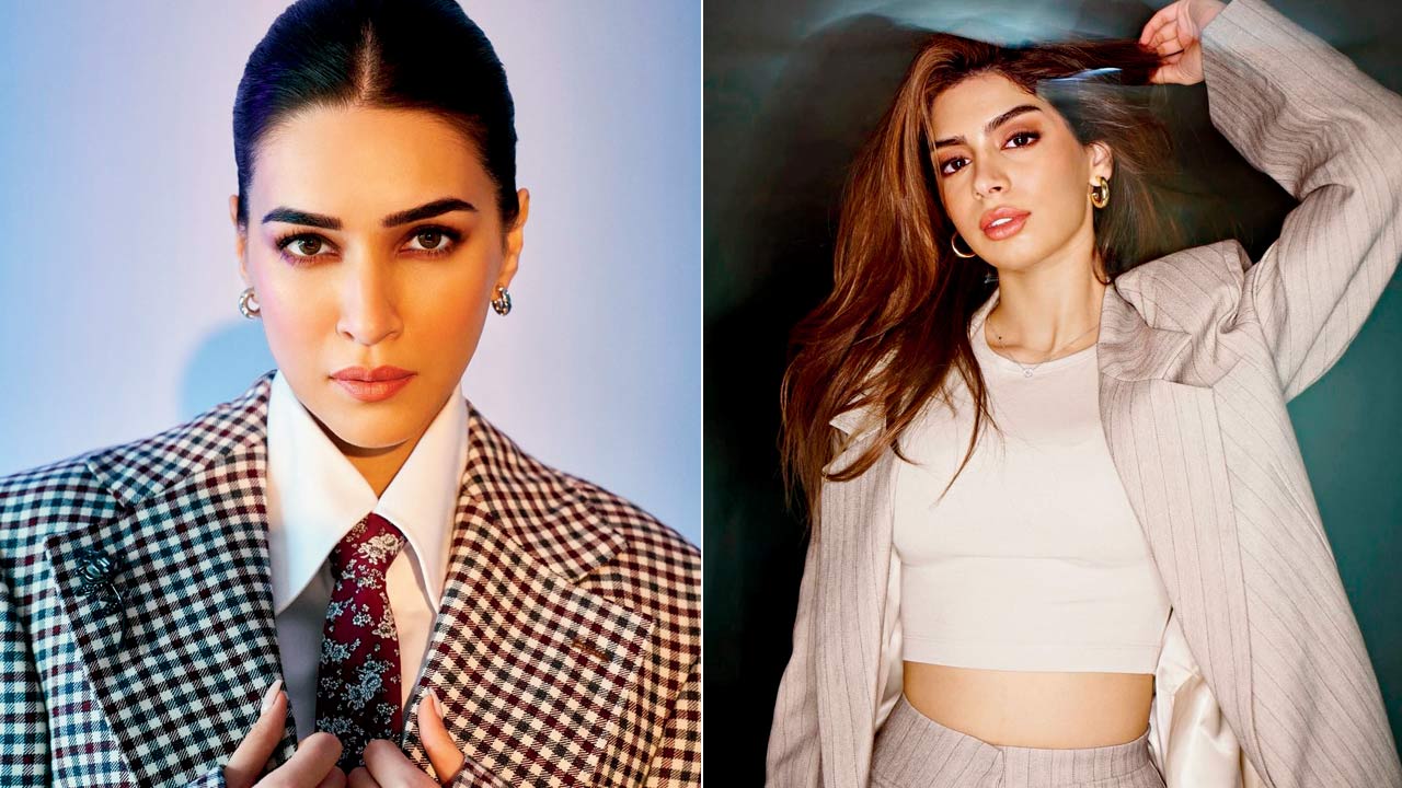 Kriti Sanon in a chequered blazer; (right) Khushi Kapoor’s neutral look