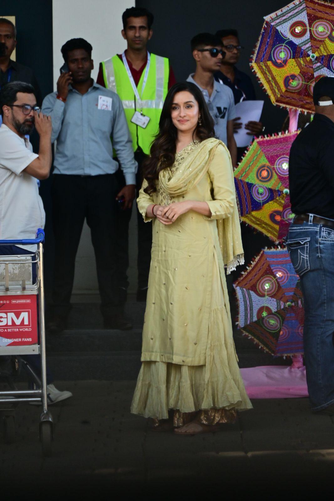 Shraddha Kapoor looked stunning in a green palazzo suit as she jetted off to attend a Navratri event in Kerala