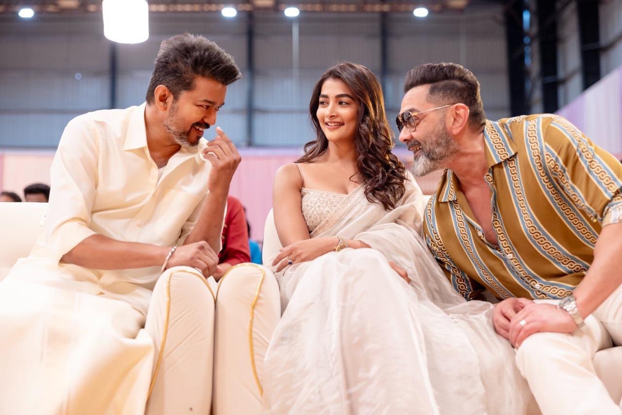 Bobby Deol gets chatty with Thalapathy Vijay at the puja ceremony. Bobby who will be making his Tamil debut soon with Suriya's Kanguva has become a favourite to play the antagonist