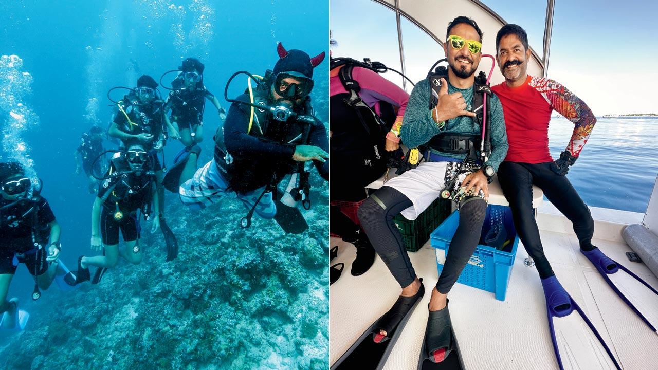 A group of teenagers being led on an open water dive. Pic Courtesy/Fleetfoot Adventures; (right) Nikhil chinapa and Nitish Chengappa 