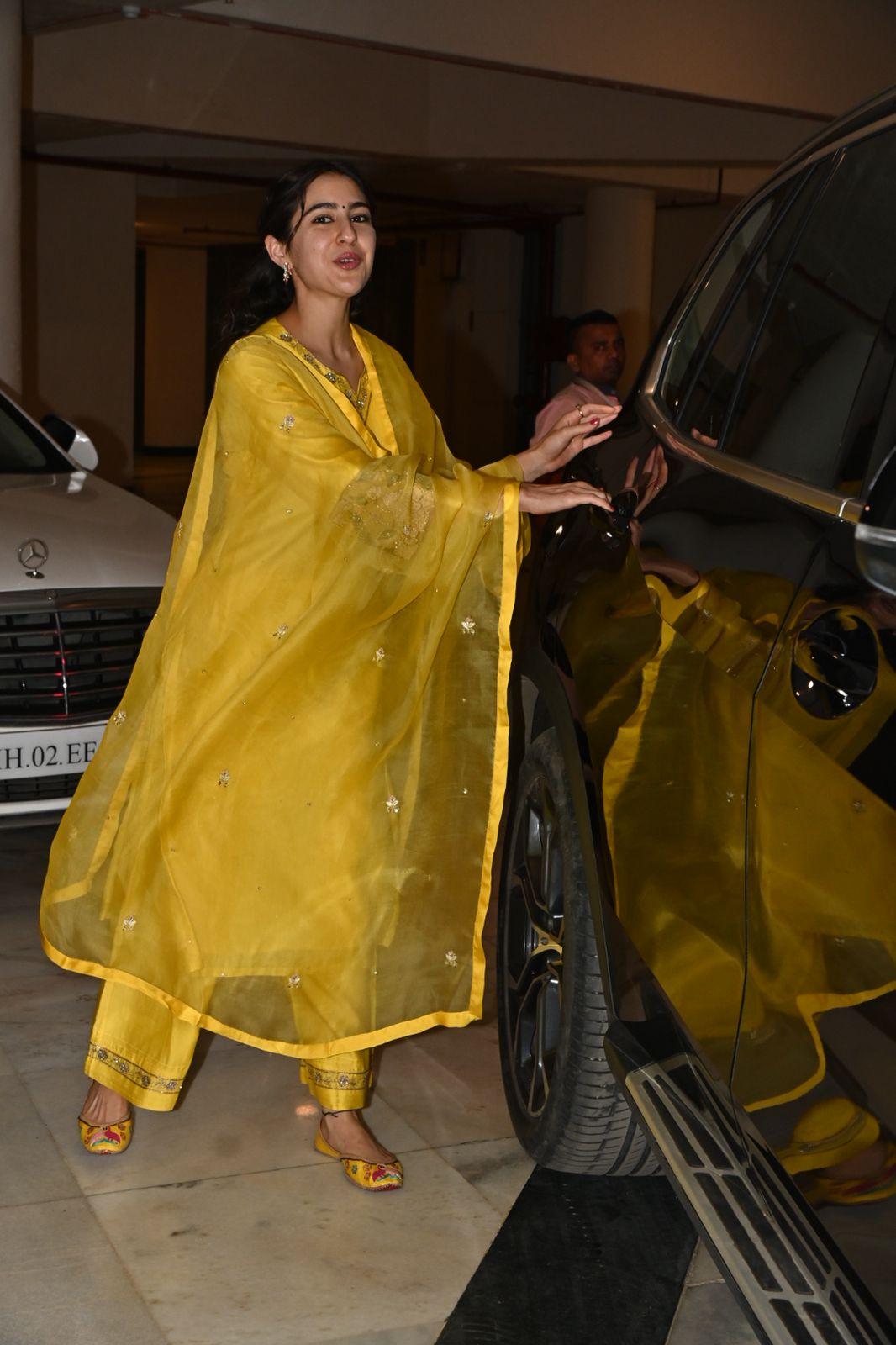 Sala Ali Khan opted for a beautiful yellow palazzo kurta as she visited Manish Malhotra's residence