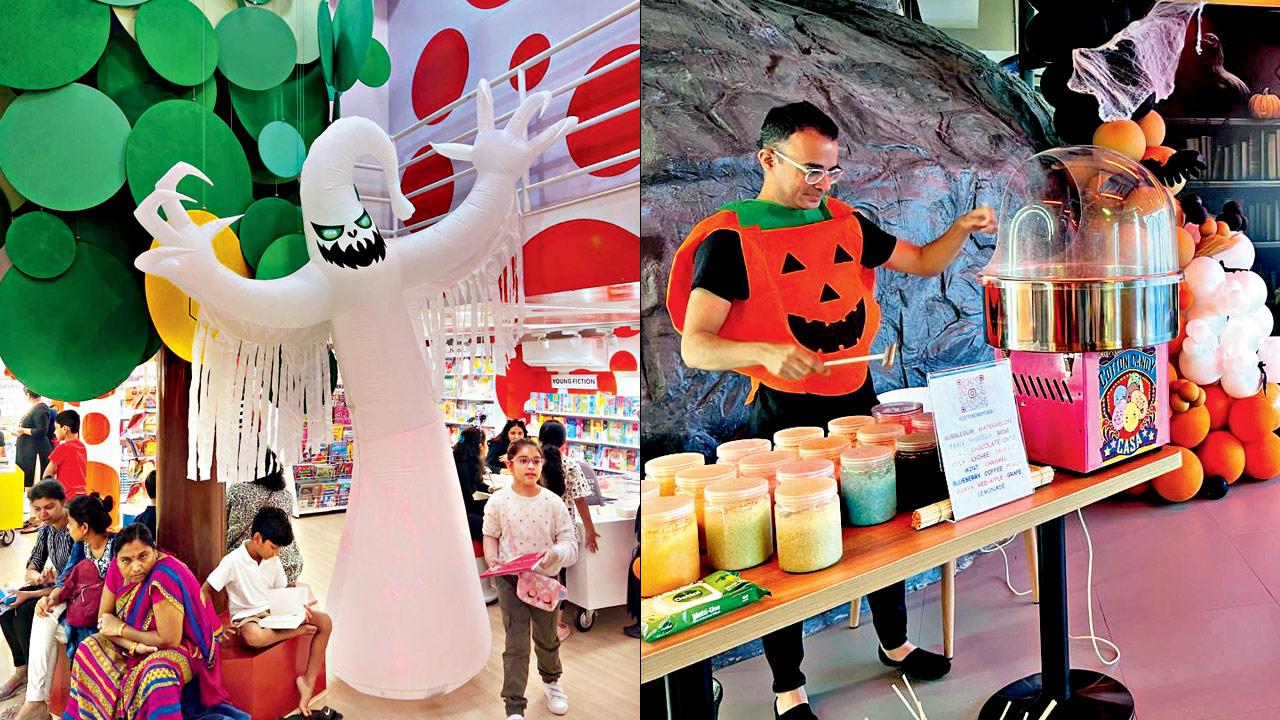 Spooky decor (right) a host at a station serving cotton candy