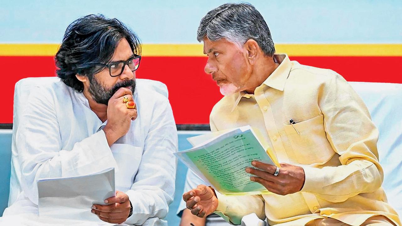 AP Chief Minister N Chandrababu Naidu and Deputy CM Pawan Kalyan in a meeting. FILE PIC/PTI