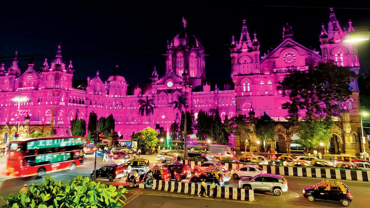 Chhatrapati Shivaji Maharaj Terminus lit up in purple for the campaign