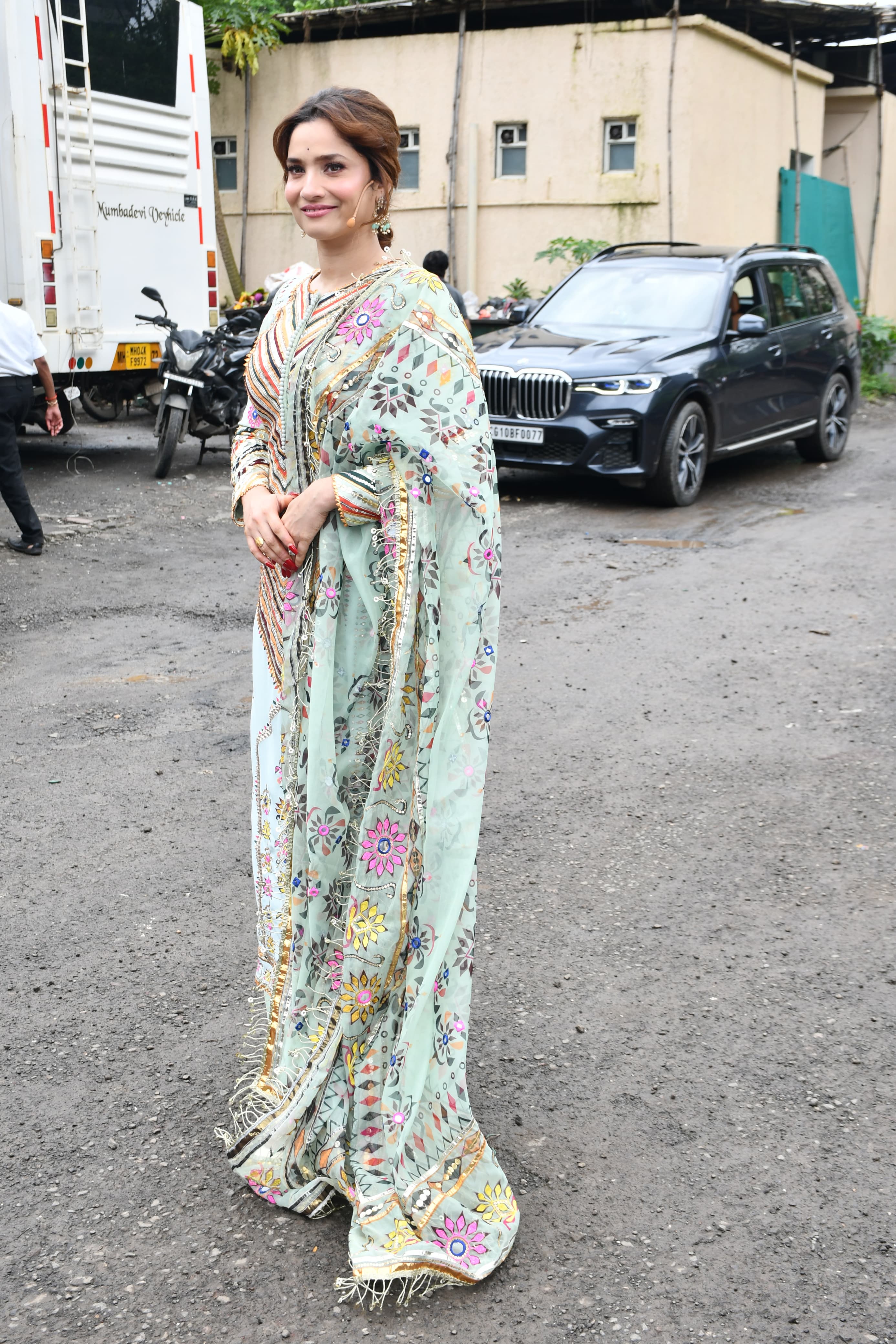 Ankita Lokhande looked stunning in a green suit which had multi-coloured floral designs on it