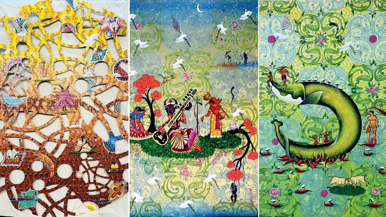 The End of Getting-4, 2024, acrylic on palm leaf plywood; The artworks feature migrating birds and buffaloes of Chilika; Untitled, watercolour on paper, 33 x 22