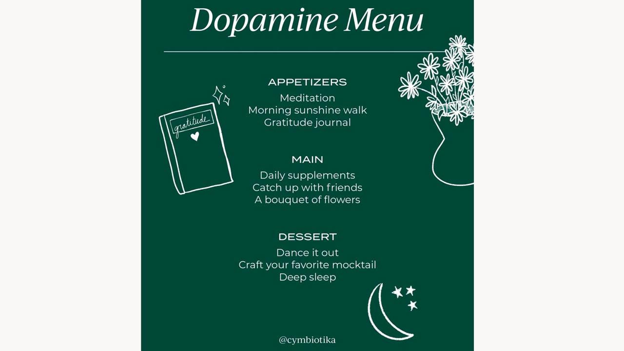 A dopamine menu is split into appetisers, mains and dessert