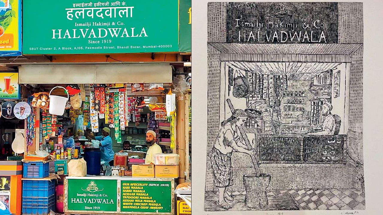 The Halvadwala store at Bhendi Bazaar; (right) Since 1919, intaglio on paper
