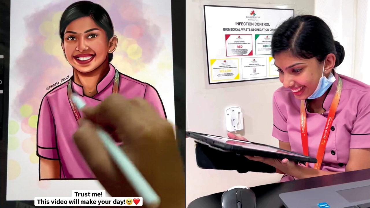 The sketch of Jaslok Hospital staffer Ann Susan Koshy; (right) Koshy reacts to her portrait. Pic Courtesy/Instagram