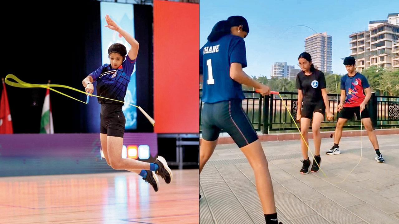 A jumper performs at the 2023 World Championship (right) Students attempt a double Dutch variation during a session