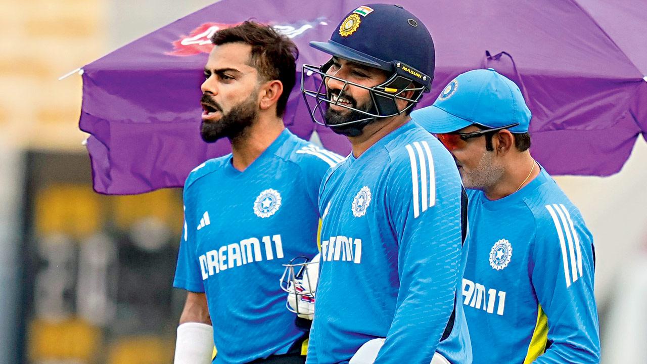 Skipper Rohit Sharma (centre), Virat Kohli (left) and coach Gautam Gambhir during India’s practice session in Chennai on Tuesday