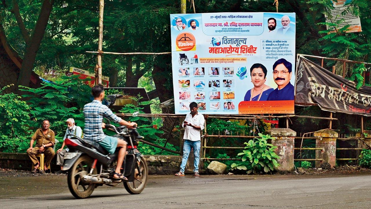 Ravindra Waikar’s wife Manisha is alongside her husband on banners in Aarey Milk Colony. Pic/Shadab Khan