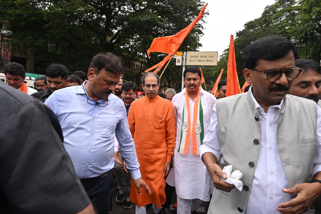 Maharashtra Congress President Nana Patole with Shiv Sena (UBT) chief Uddhav Thackeray and MP Sanjay Raut
