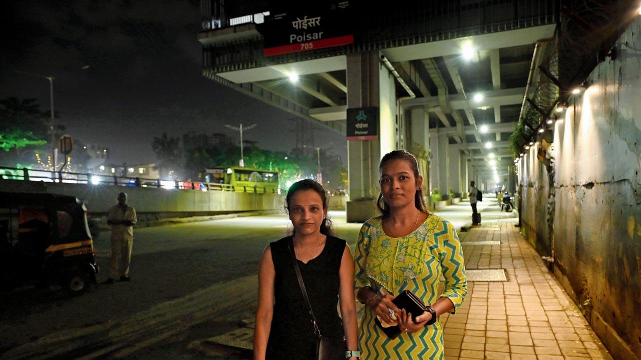 Sunita Prajapati (right) and her friend Sayali Mayekar, who reside Borivli; (bottom right) a dimly lit, broken footpath outside Dindoshi Metro station