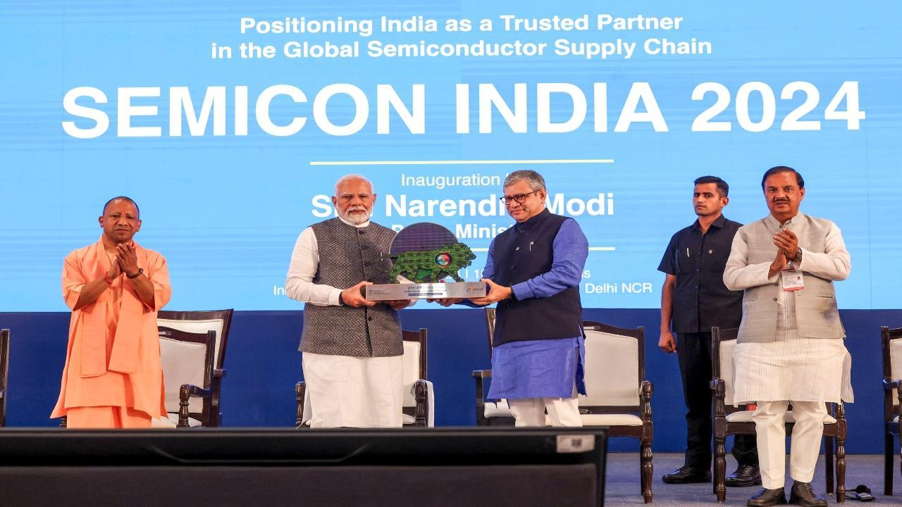 PM Narendra Modi with Minister of Electronics and Information Technology Ashwini Vaishnaw during the inauguration of the Semicon India summit at Greater Noida on Wednesday  