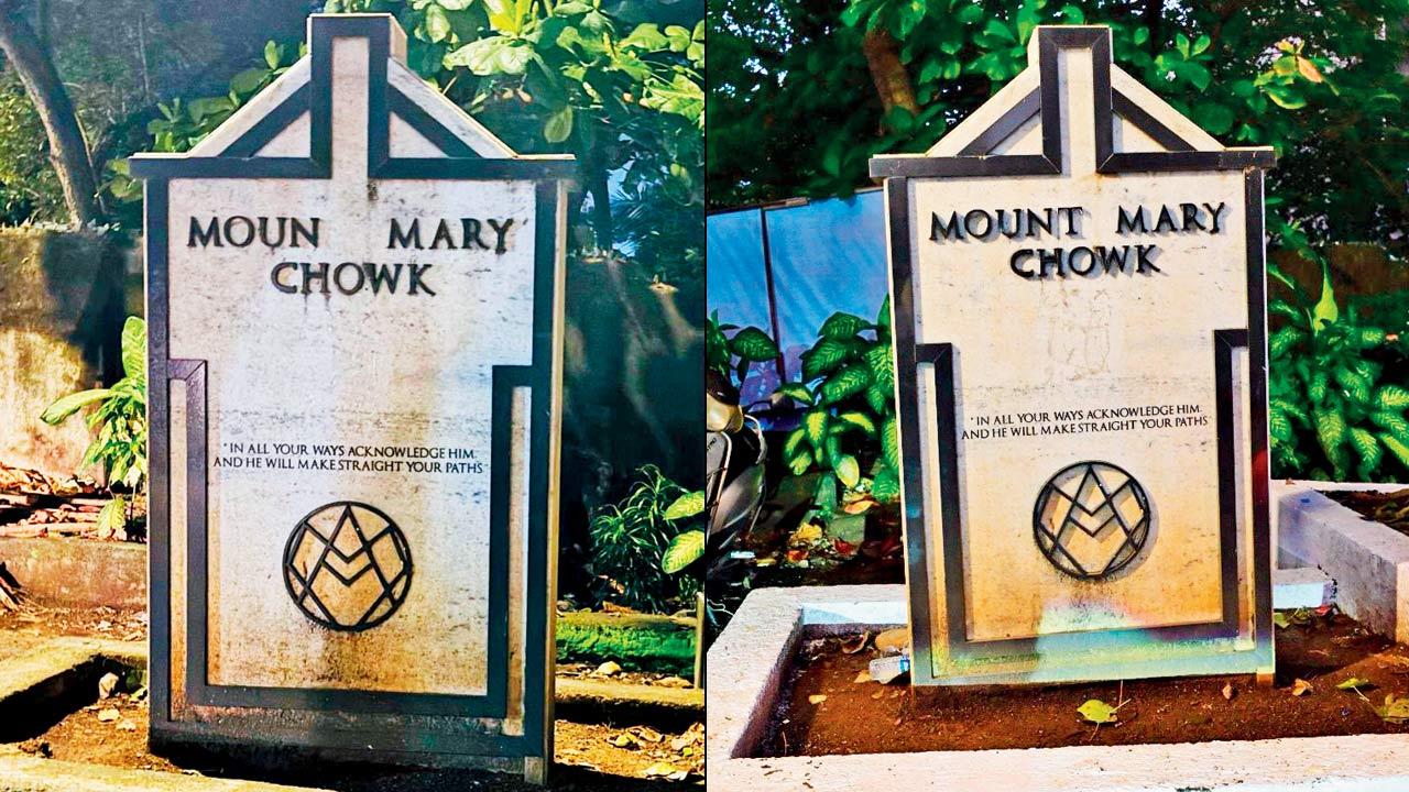 (Left) The signage on September 3. PIC/Clayton Murzello; (right) the now restored signage. Pic/Shadab Khan