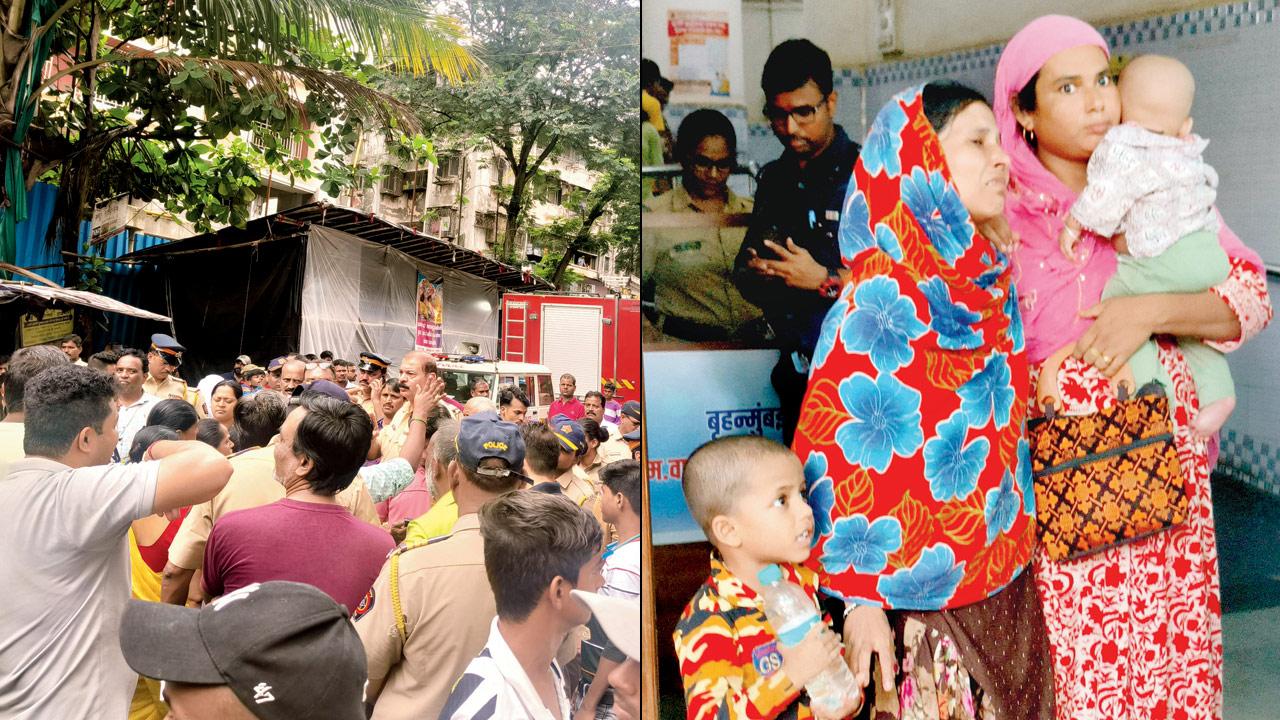 Crowds gather outside the Navjeevan SRA Society in Malad East; (right) the worried family of one of the labourers waits in anticipation at the hospital following the collapse